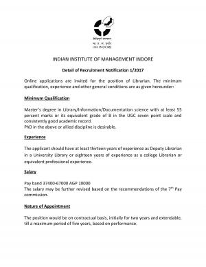 IIM Indore Recruitment 2017, If Books are your Buddy, Then Apply for the Librarian Post