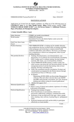 NIMHANS Recruitment 2017 for 03 Senior Scientific Officer & Other Posts 