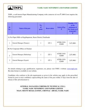 Tamil Nadu Newsprint and Papers Limited Recruitment 2017 for 03 General Manager Posts