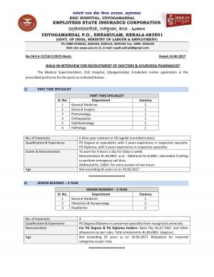 ESIC Hospital, Udyogamandal Recruitment 2017 for 30 Senior Resident & Other Posts