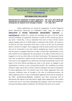 Irrigation & Water Resources Dept, Haryana Recruitment 2017 for 400 Junior Engineers Posts