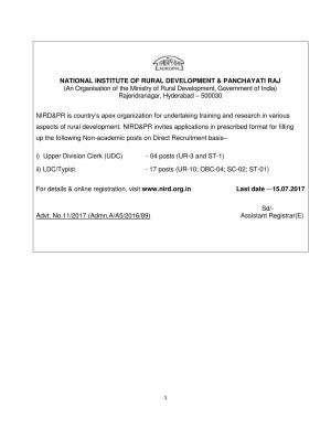 NIRDPR Recruitment 2017 for 21 UDC, LDC/Typist Posts
