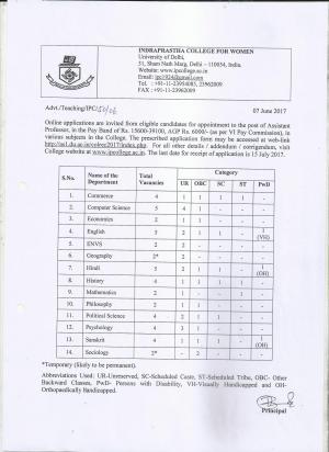 IP College for Women Recruitment 2017, 47 Vacancies for Assistant Professor Post 