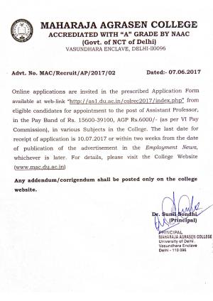 Maharaja Agrasen College Recruitment 20171