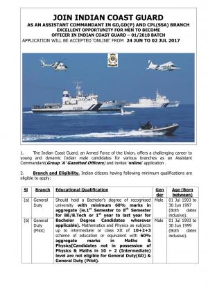 Indian Coast Guard Recruitment 2017 for General Duty and Pilot (CPL) Post