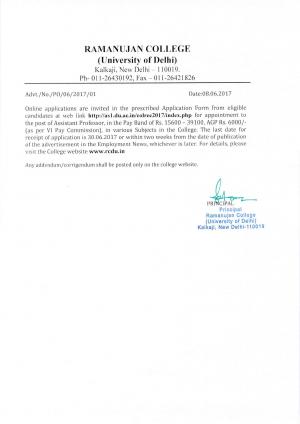 Ramanujan College Recruitment 2017, 40 Vacancies for Assistant Professor Post