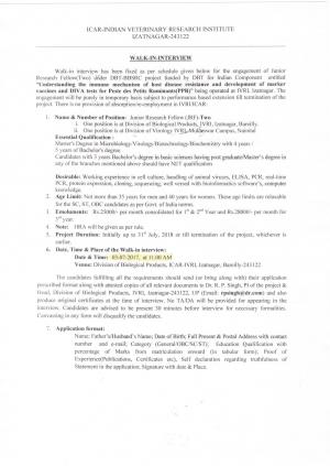 ICAR-IVRI Recruitment 2017 for 2 Vacancies for Junior Research Fellow Posts