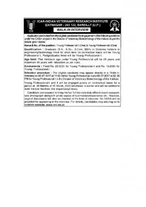 ICAR-IVRI Recruitment 2017 for 2 Young Professional Posts