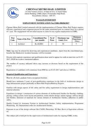 CMRL Recruitment 2017, Architecture Grads can Apply for 2 Architect Posts 