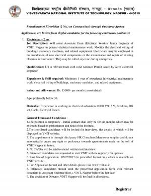 VNIT, Nagpur Recruitment 2017 for 02 Electrician Posts