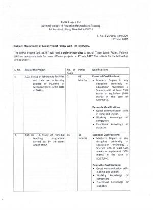 NCERT Recruitment 2017, 3 Vacancies for Junior Project Fellow Post 