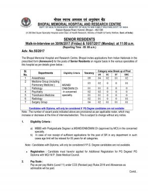 BMHRC Recruitment 2017, 22 Vacancies for Senior Resident Post 