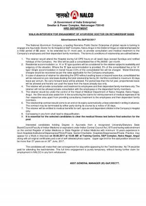 NALCO Recruitment 2017 for 01 Ayurvedic Doctor Post