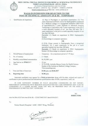 SCTIMST Recruitment 2017 for 03 Technical Assistant (IS & IR) Posts