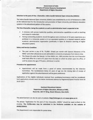 IGNOU Recruitment 2017, Apply for Vice Chancellor Post 