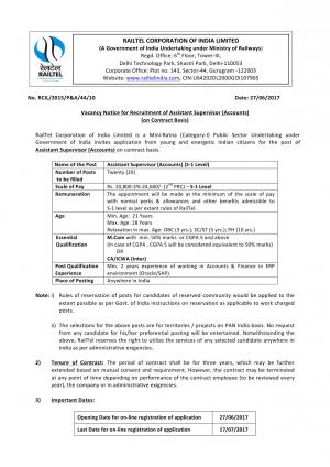 Railtel Recruitment 2017, 20 Vacancies for Assistant Supervisor (Accounts) Post 
