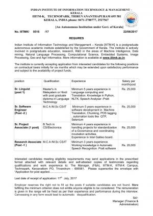 IITM, Kerala Recruitment 2017 for 05 Sr. Software Engineer and Other Posts