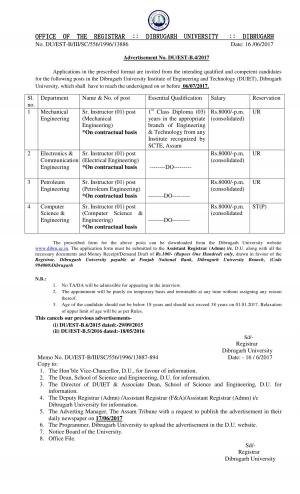 Dibrugarh University Recruitment 2017 for 04 Senior Instructor Post