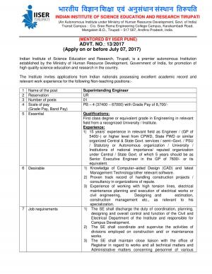 IISER, Tirupati Recruitment 2017 for 06 Private Secretary and Other Posts