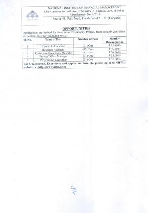 NIFM Recruitment 2017, 7 Vacancies for Typist, Research Associate, and Other Posts 