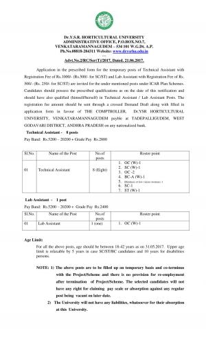 YSRHU, A.P Recruitment 2017 for 09 Technical Assistant and Lab Assistant Posts