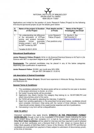 NII Recruitment 2017 for 02 Junior Research Fellow Posts