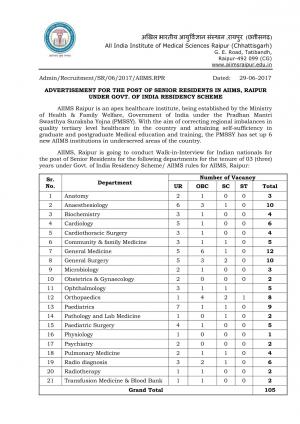 AIIMS Raipur Recruitment 2017, 105 Vacancies for Senior Resident Posts