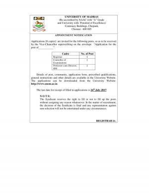 University of Madras Recruitment 2017 for 03 Registrar and Other Posts