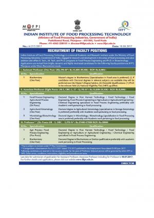 IIFPT, Tamil Nadu Recruitment 2017 for 15 Faculty Posts