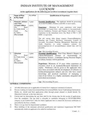IIM, Lucknow Recruitment 2017 for 02 Financial Advisor & Librarian Posts