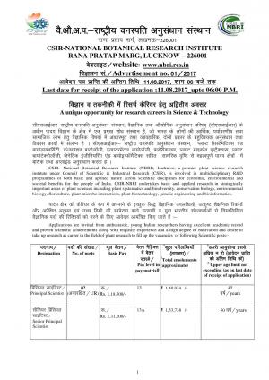 CSIR NBRI Lucknow recruitment 2017 for 11 Principal Scientist and Other Posts