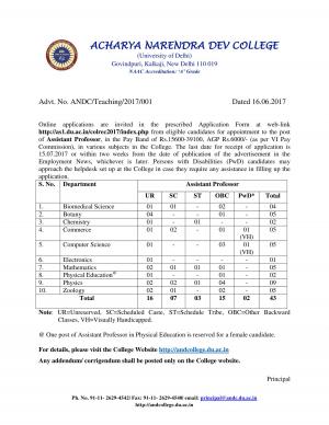 Acharya Narendra Dev College ANDC Delhi Recruitment 2017 for 43 Assistant Professor Posts