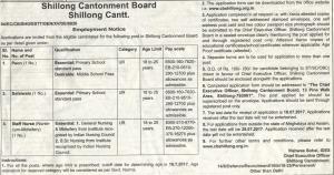 Shillong Cantonment Board Recruitment 2017 for 03 Peon and Other Posts