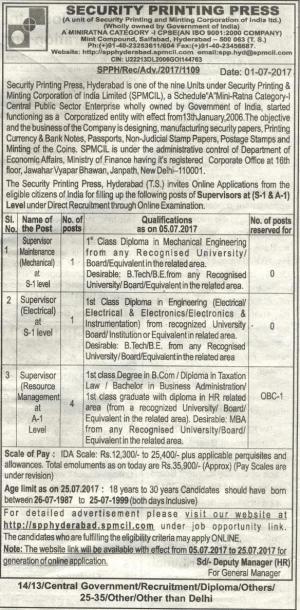 SPP Hyderabad Recruitment 2017 for 06 Supervisor Maintenance and Supervisor Posts