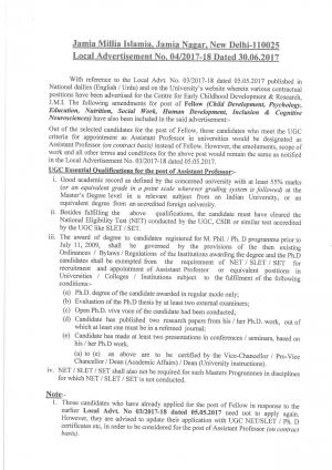 Jamia Millia Islamia, New Delhi Recruitment 2017 for 01 Assistant Professor Post