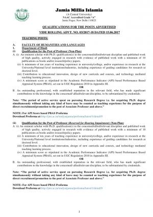 Eligibility Criteria for Jamia Millia Islamia, New Delhi Recruitment 2017
