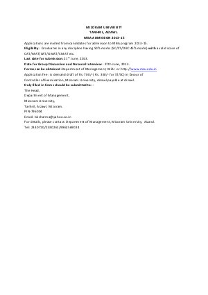 Mizoram University notifies admission to MBA course for 2013-2015