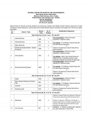 NCAOR Recruitment 2017 for 26 Cook & Other Posts 