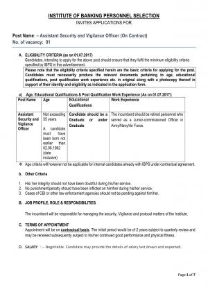 IBPS Recruitment 2017 for 01 Assistant Security and Vigilance Officer Posts