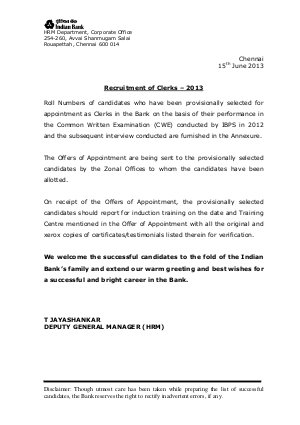 Indian Bank declared Interview Result for Recruitment of Clerks 2013