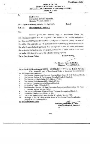 Director General of Police, HP Recruitment 2017 for 1073 Constables Posts