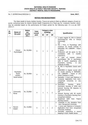 NHM, Tripura Recruitment 2017 for 16 Clinical Psychologist and Other Posts