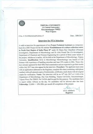 Tripura University Recruitment 2017 for 02 Project Technical Assistant Posts