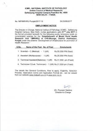  ICMR National Institute of Pathology Recruitment 2017 for 4 Scientist and Other Posts  