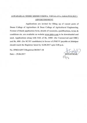 JNKVV Recruitment 2017 for 5 Dean Posts 