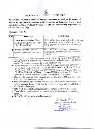 University of Mysore Recruitment 2017, 8 Vacancies for Project Assistant & JRF Post