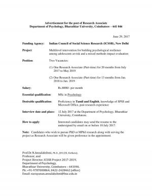 Bharathiar University, Coimbatore Recruitment 2017 for 02 Research Associate Posts