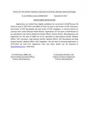 Office of the District Medical & Health Officer Recruitment 2017 for 18 Staff Nurse  & ANM Posts