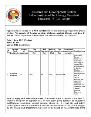 IIT Guwahati Recruitment 2017 for 02 Research Assistant Post