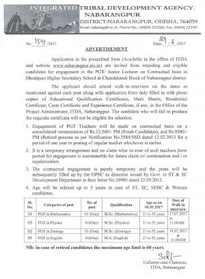 ITDA, Nabarangpur Recruitment 2017 for 4 PGT Posts
